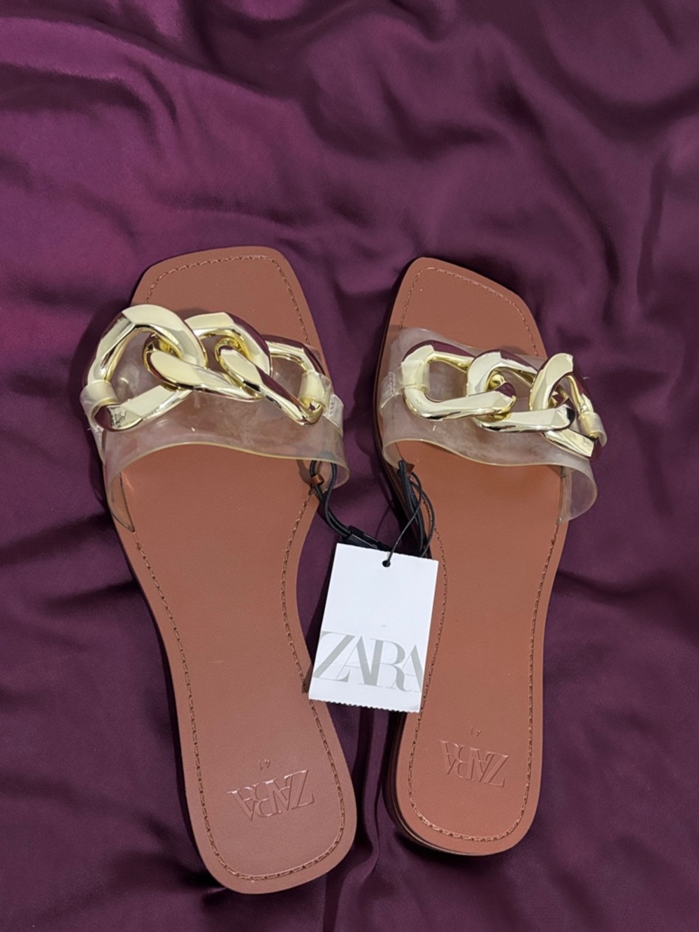 ZARA Tan Slide Sandals with Gold Chain Accent 10